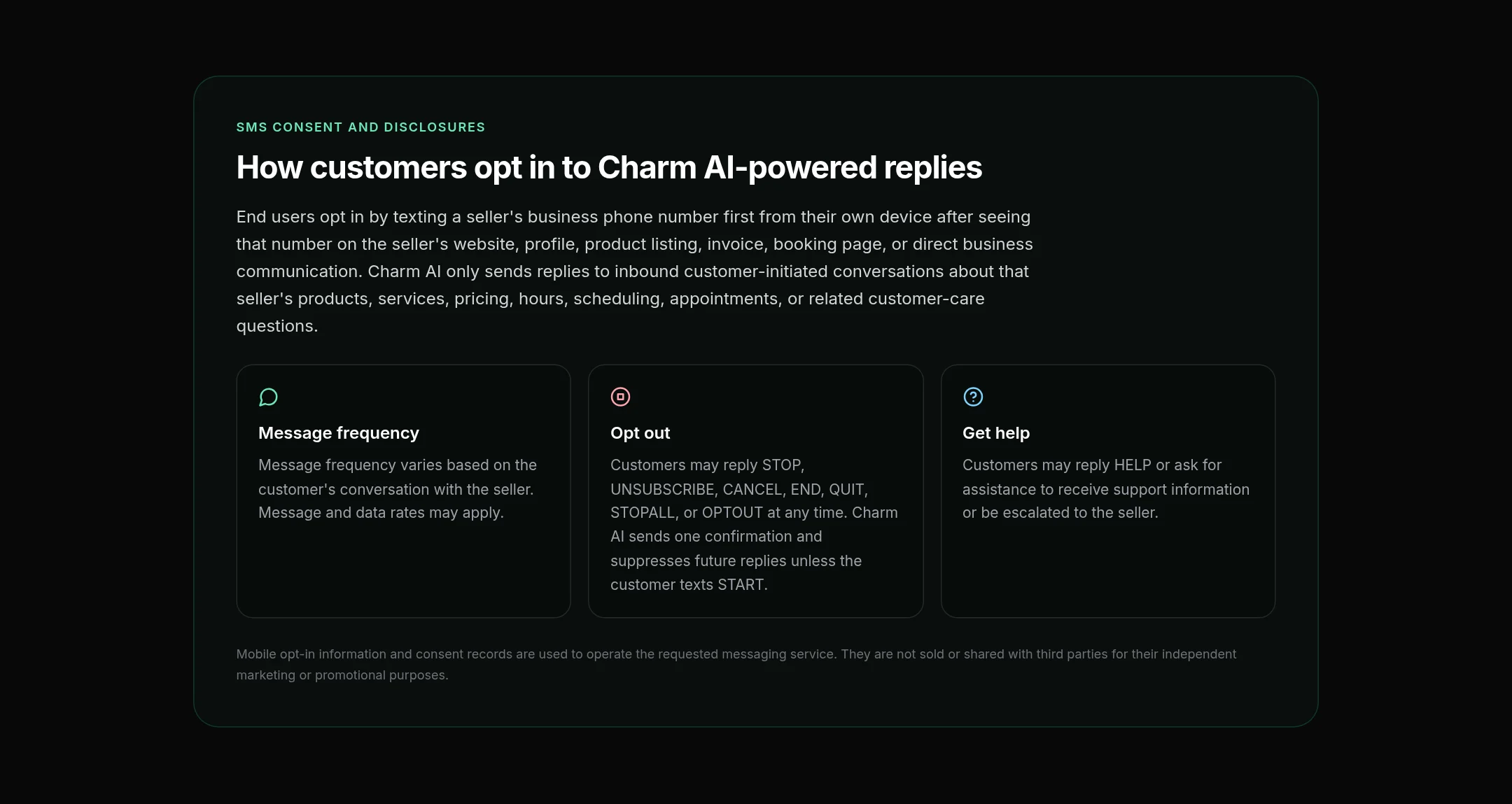 Charm AI’s SMS consent section explaining opt-in, message frequency, opt-out keywords, and how to get help.